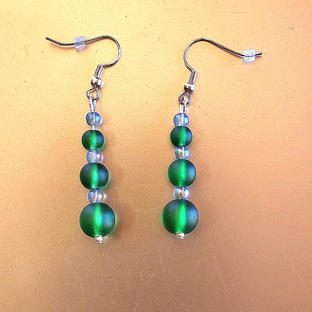 Green & Purple Iridescent Glass Dangle Earrings NWT